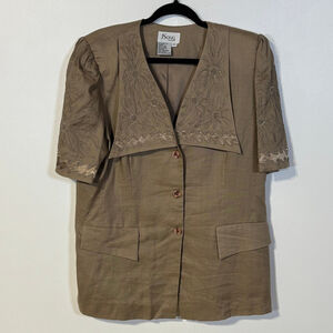 Vintage JSong Collection Brown Linen Embroidered Blazer Women’s 14 Embellished